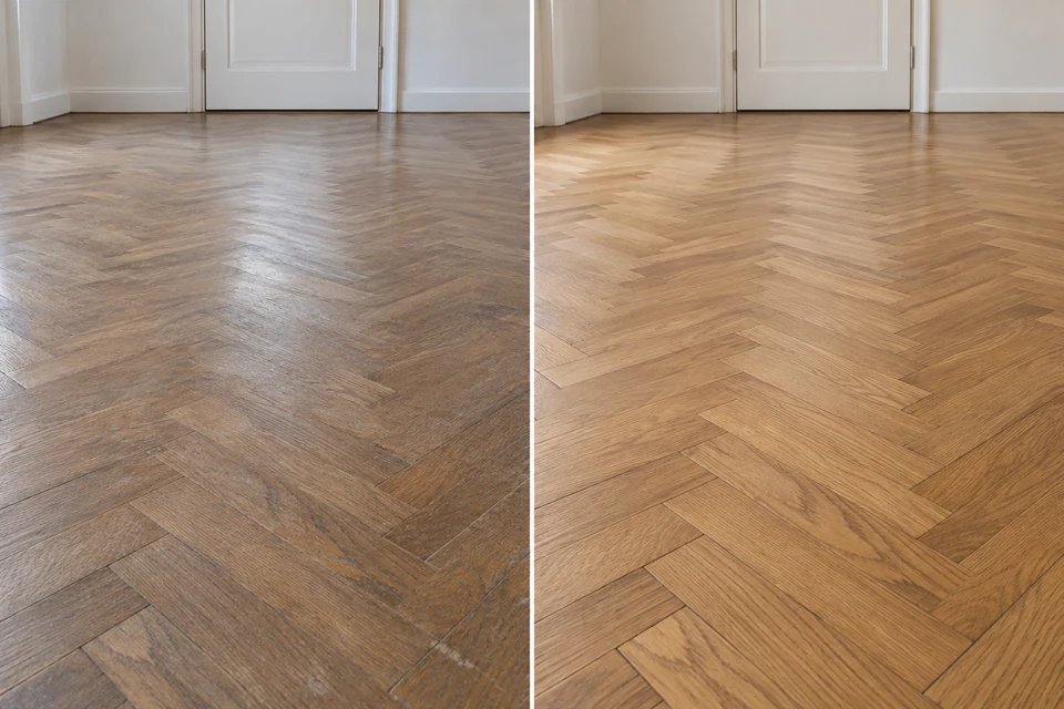 Gestaltungsbeispiel von Fischgrätparkett vor und nach einer gedachten Überarbeitung: links matte, zerkratzte Oberfläche, rechts gleichmäßiger warmer Holzton.