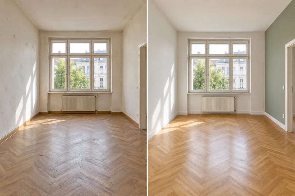 Gestaltungsbeispiel eines Altbauzimmers: links fleckige Wände und mattes Fischgrätparkett, rechts helle Wände, eine salbeigrüne Akzentwand und aufgefrischtes Parkett.